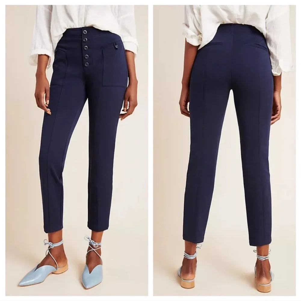New by Anthropologie Bryson Tapered Pant Trouser Navy Blue Size 4 Office ANTHRO - Picture 2 of 10